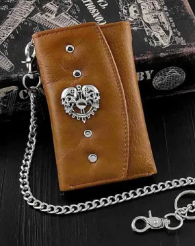 BADASS BROWN SKULL LEATHER MENS TRIFOLD SMALL BIKER WALLETS CHAIN WALLET WALLET WITH CHAIN FOR MEN