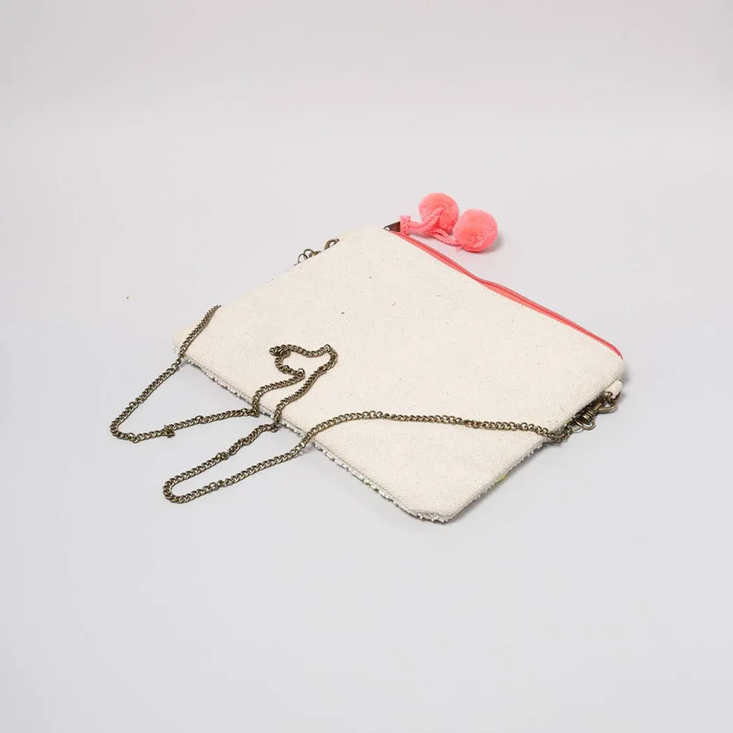 Beaded Pom Pom Clutch Bag
