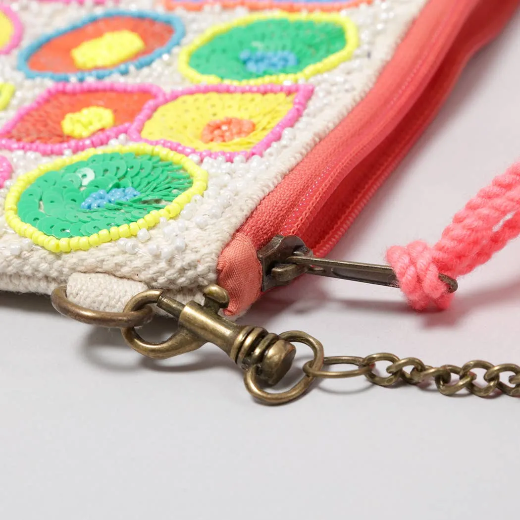 Beaded Pom Pom Clutch Bag