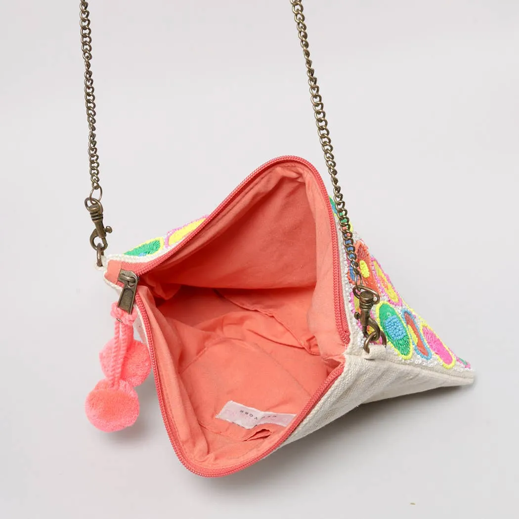 Beaded Pom Pom Clutch Bag