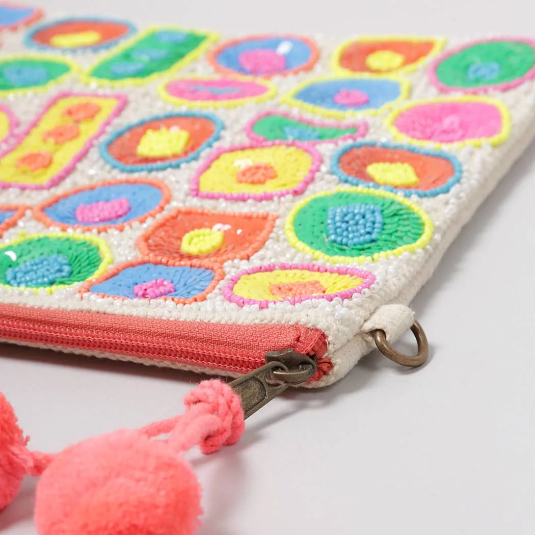 Beaded Pom Pom Clutch Bag