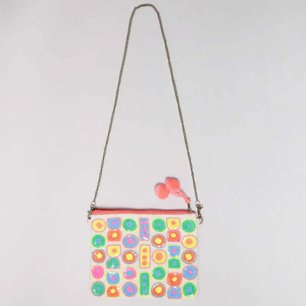 Beaded Pom Pom Clutch Bag