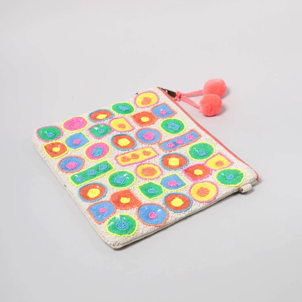 Beaded Pom Pom Clutch Bag