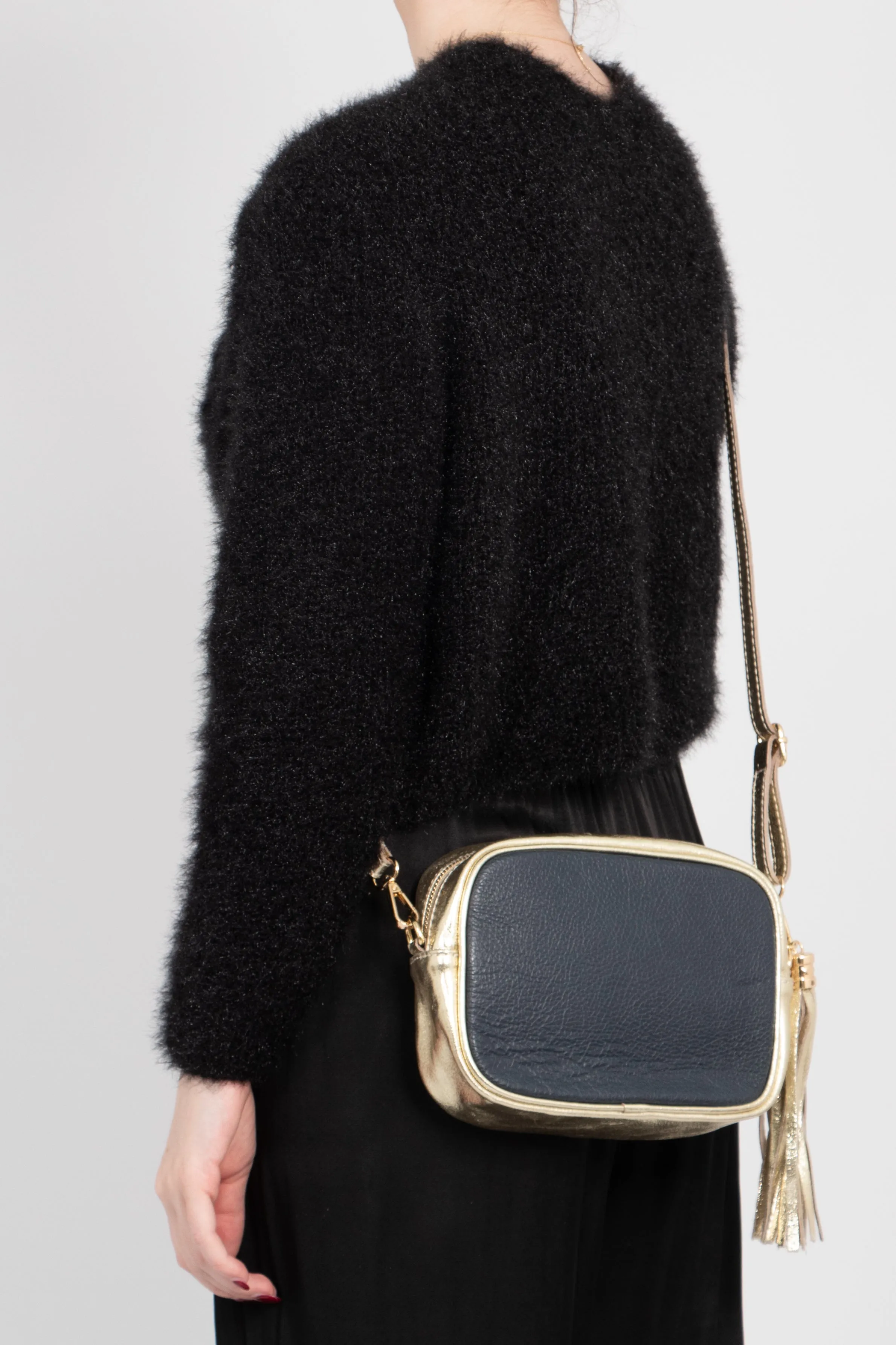 Beau - Italian Leather Crossbody Bag - Navy Blue/Gold, Pebbled
