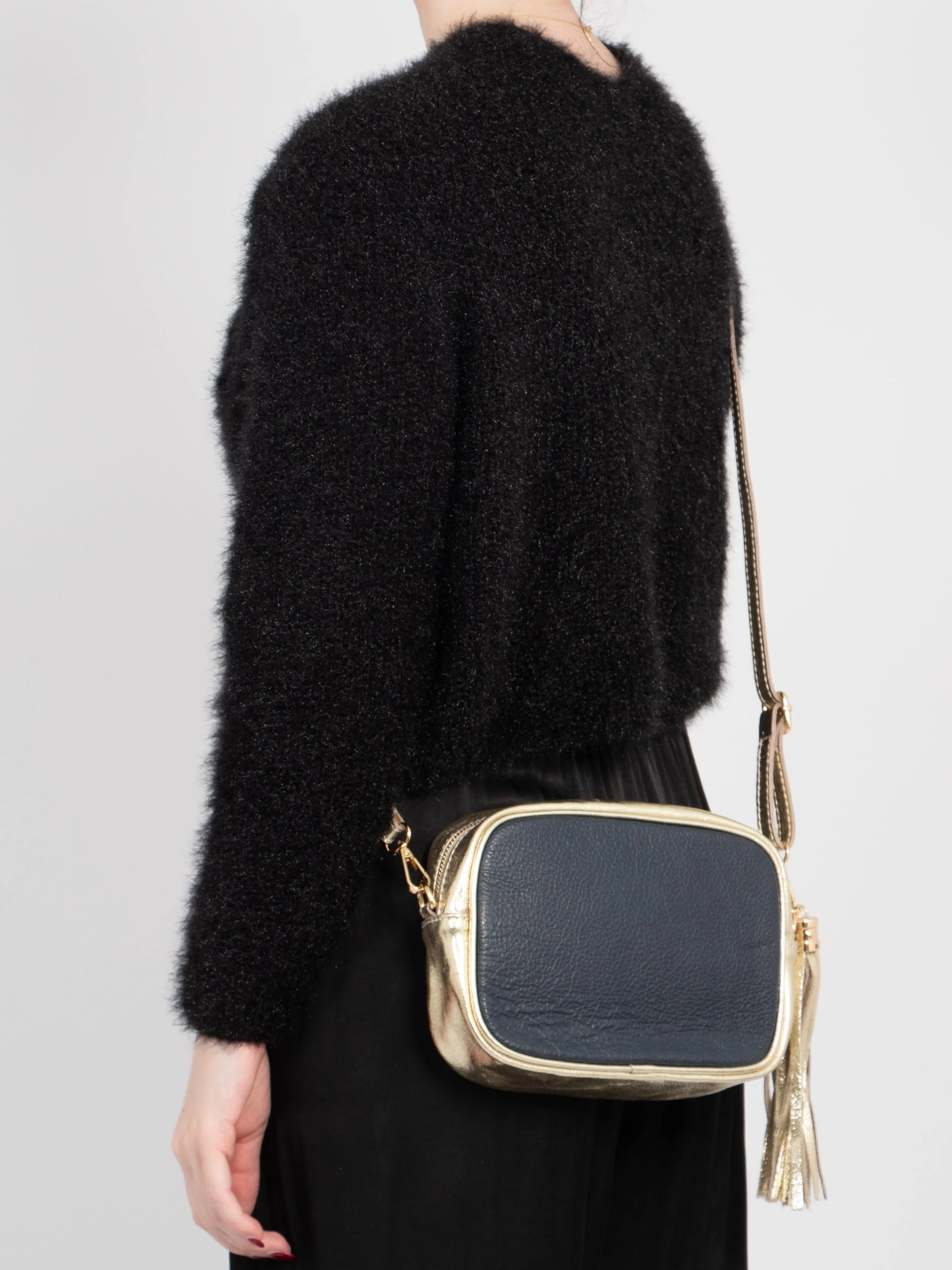 Beau - Italian Leather Crossbody Bag - Navy Blue/Gold, Pebbled