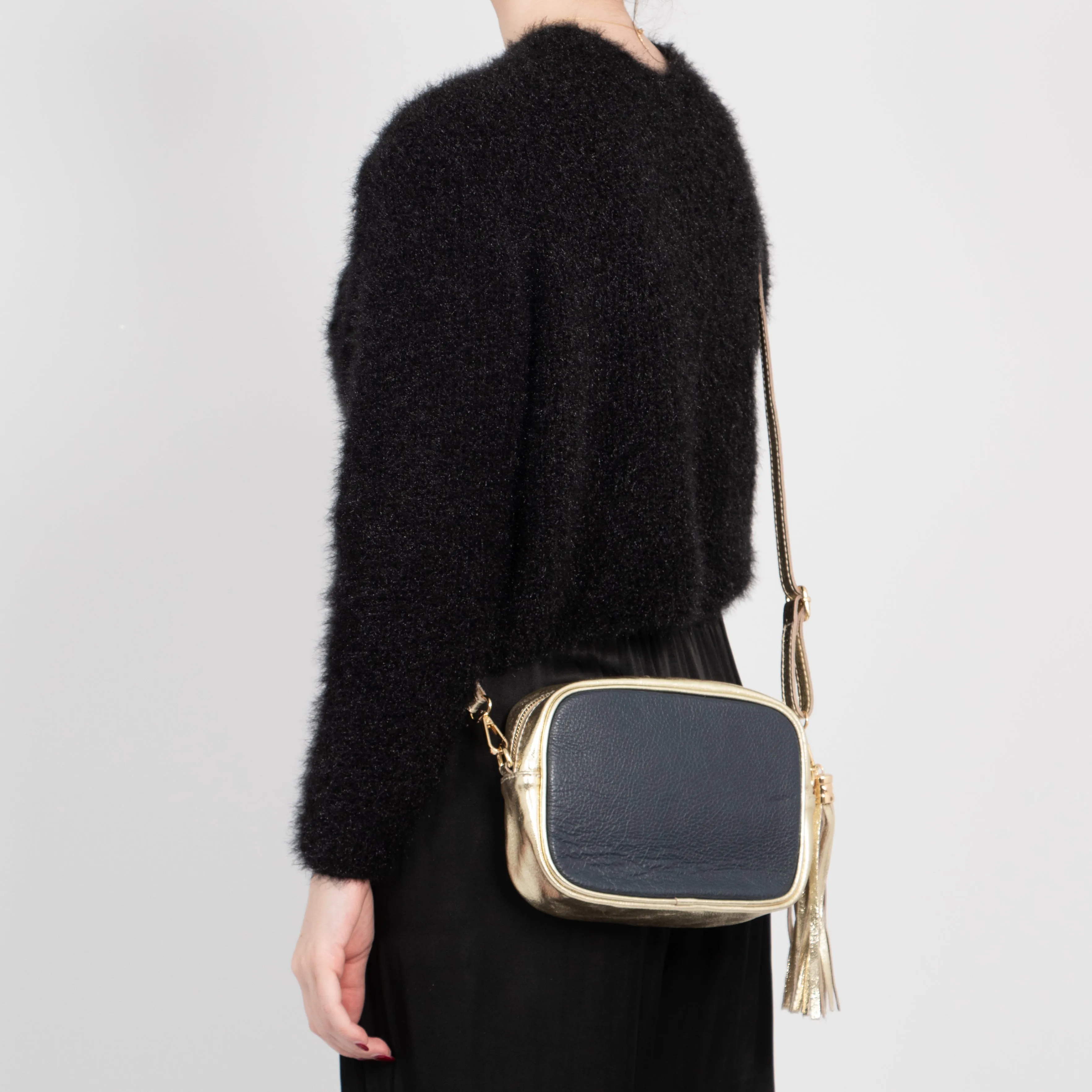 Beau - Italian Leather Crossbody Bag - Navy Blue/Gold, Pebbled
