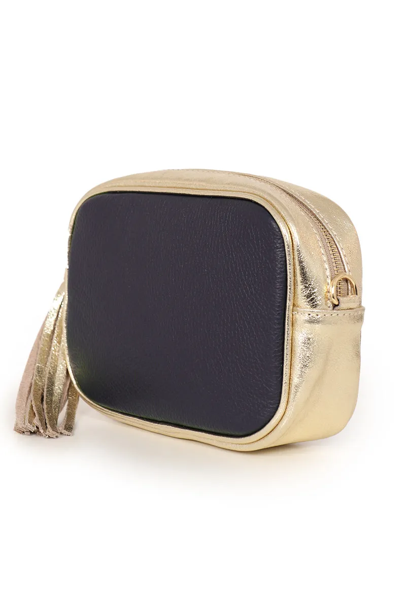 Beau - Italian Leather Crossbody Bag - Navy Blue/Gold, Pebbled