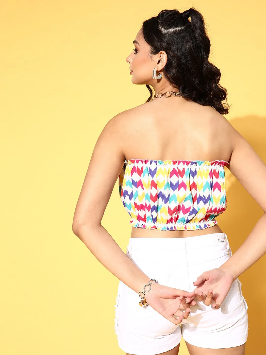 Berrylush Women Multicoloured Geometric Printed Strapless Neck Crepe Ruffled Tube Top
