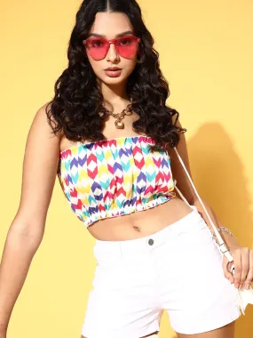 Berrylush Women Multicoloured Geometric Printed Strapless Neck Crepe Ruffled Tube Top