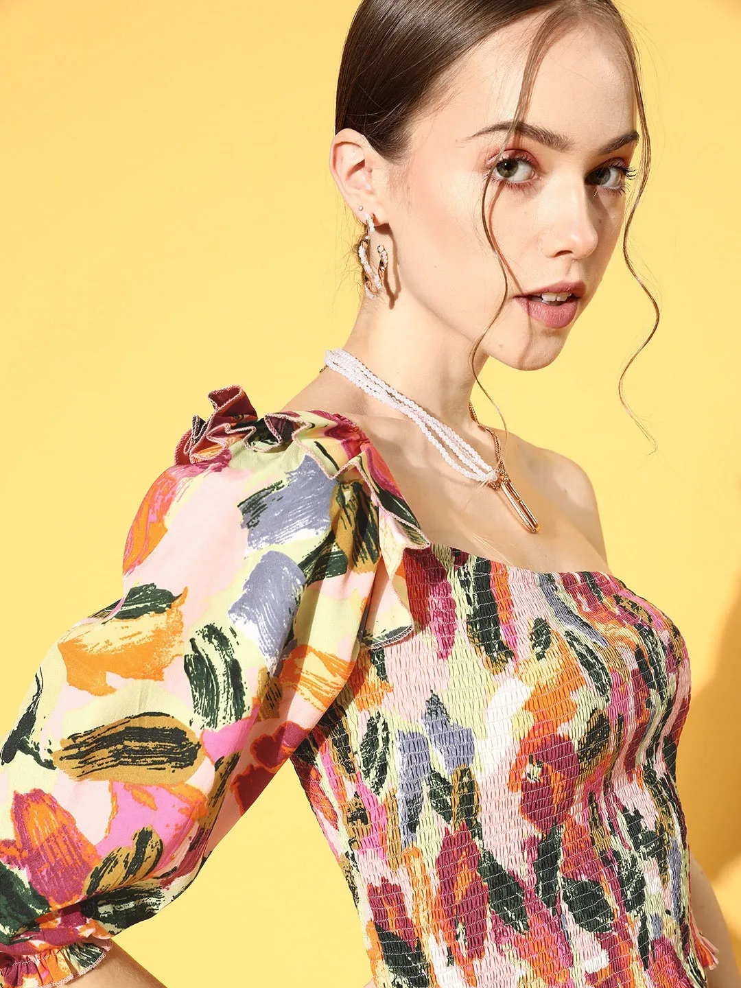 Berrylush Women Pink & Green Brushstroke Printed One-Shoulder Neck Smocked Bohemian Top