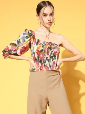 Berrylush Women Pink & Green Brushstroke Printed One-Shoulder Neck Smocked Bohemian Top