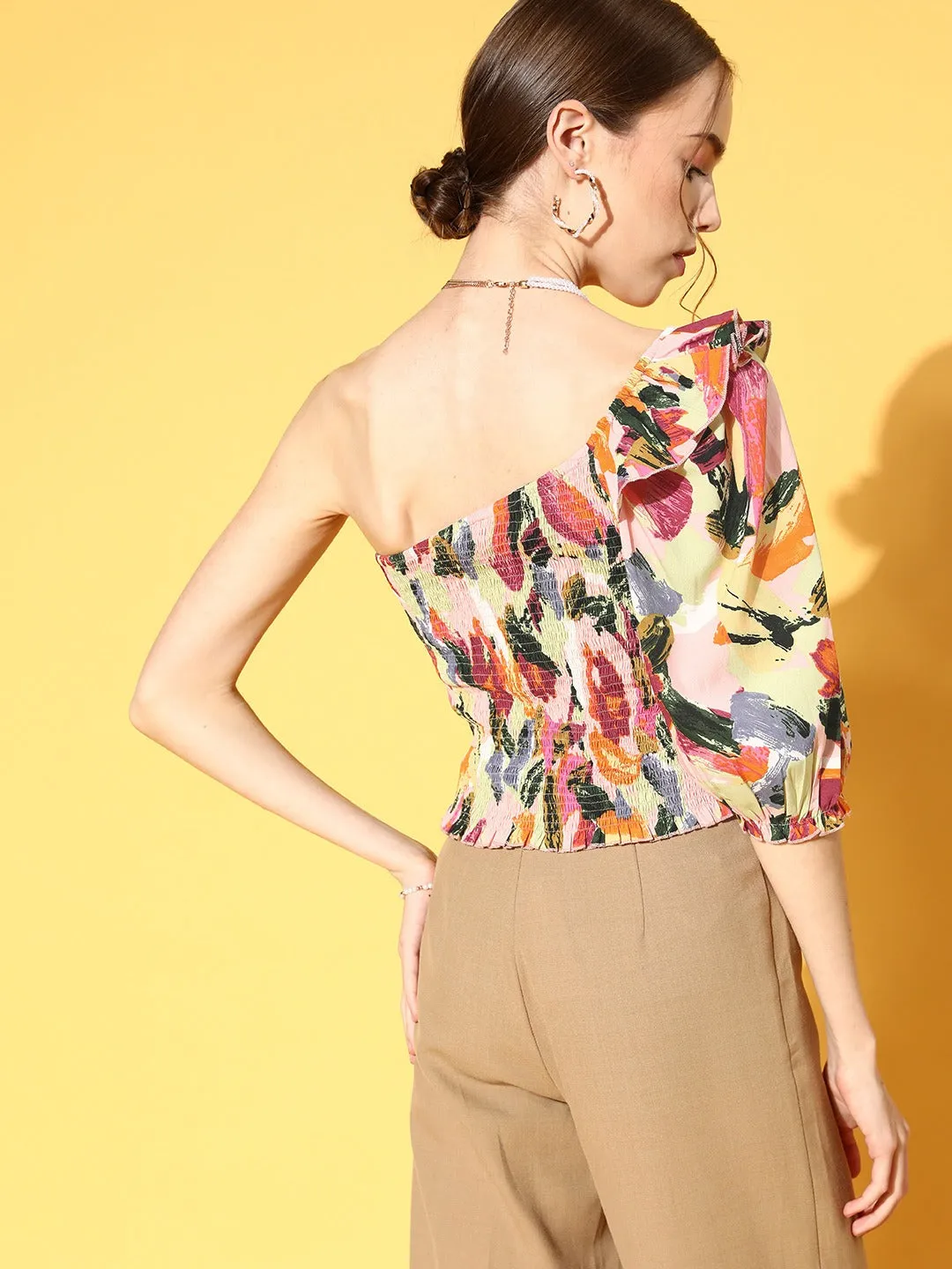 Berrylush Women Pink & Green Brushstroke Printed One-Shoulder Neck Smocked Bohemian Top