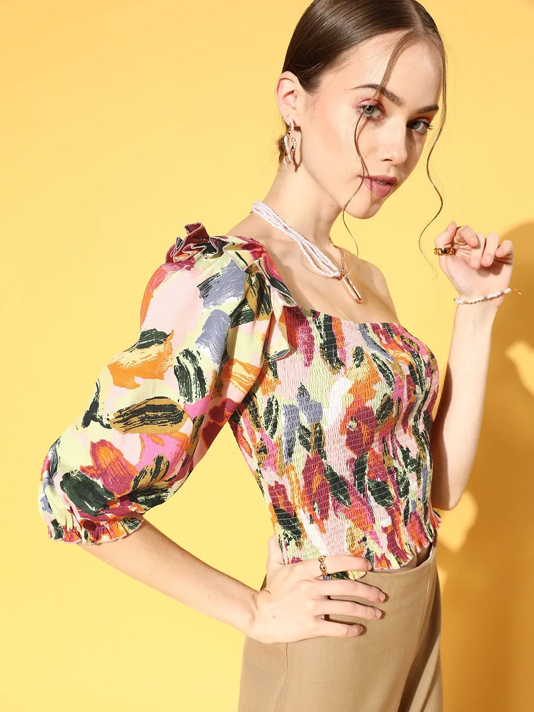 Berrylush Women Pink & Green Brushstroke Printed One-Shoulder Neck Smocked Bohemian Top
