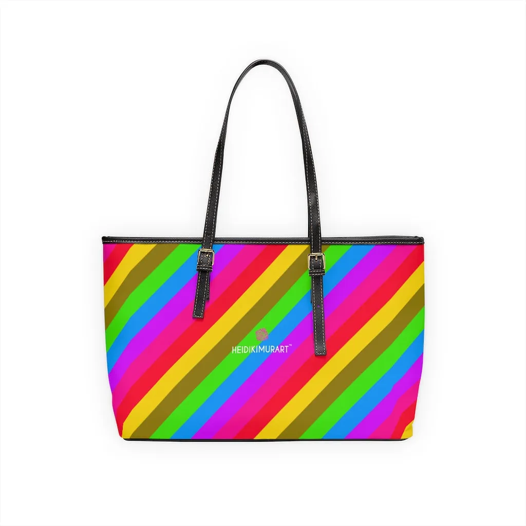 Colorful Rainbow Stripes Tote Bag, Striped PU Leather Shoulder Hand Work Bag 17"x11"/ 16"x10"