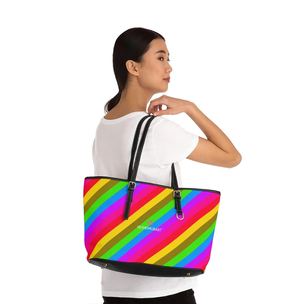 Colorful Rainbow Stripes Tote Bag, Striped PU Leather Shoulder Hand Work Bag 17"x11"/ 16"x10"