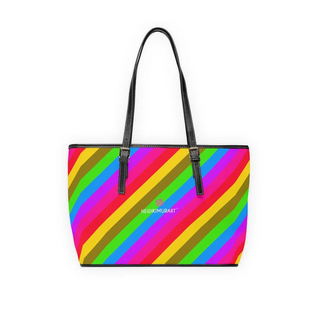 Colorful Rainbow Stripes Tote Bag, Striped PU Leather Shoulder Hand Work Bag 17"x11"/ 16"x10"