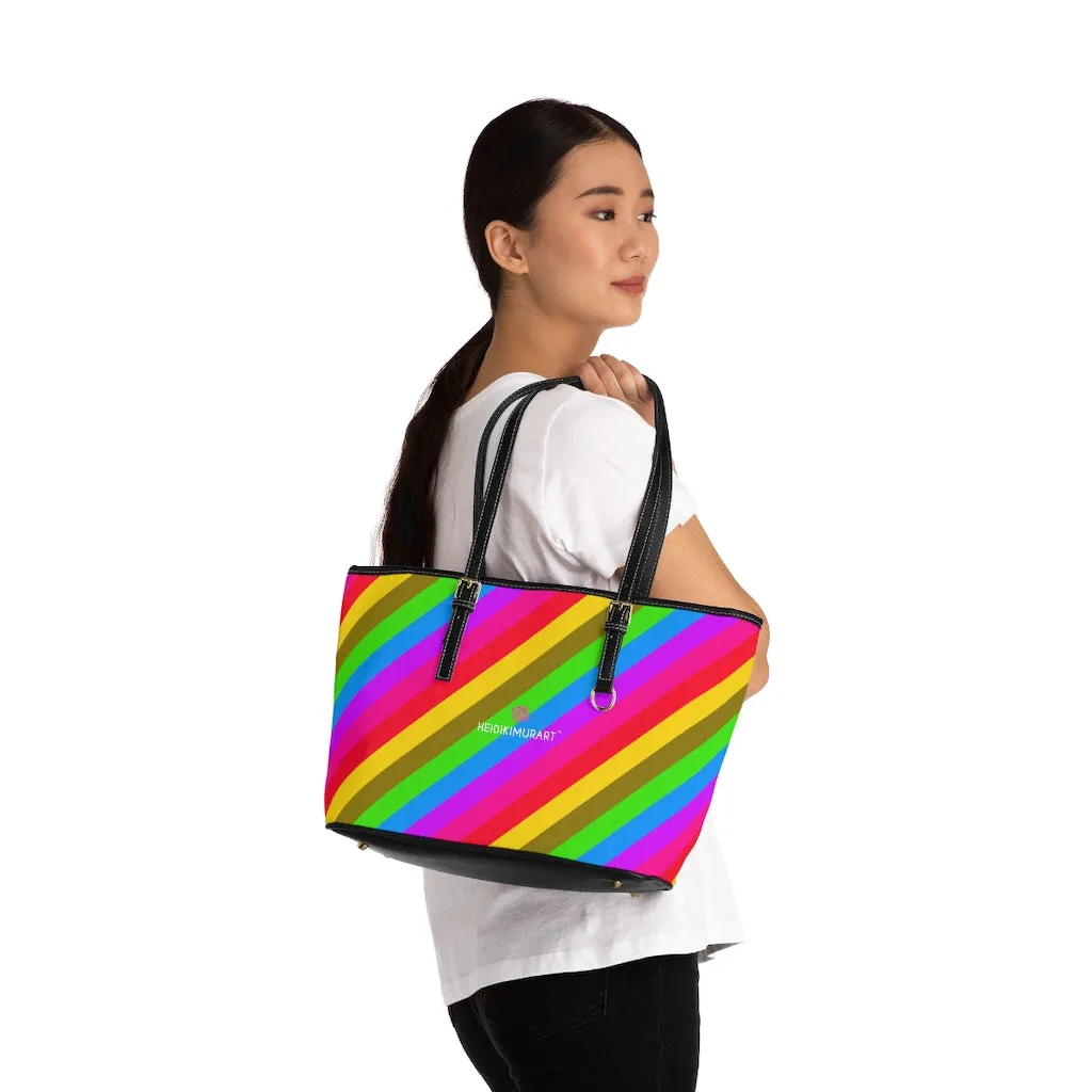 Colorful Rainbow Stripes Tote Bag, Striped PU Leather Shoulder Hand Work Bag 17"x11"/ 16"x10"