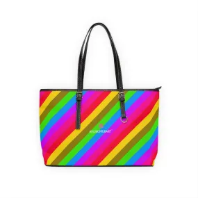 Colorful Rainbow Stripes Tote Bag, Striped PU Leather Shoulder Hand Work Bag 17"x11"/ 16"x10"