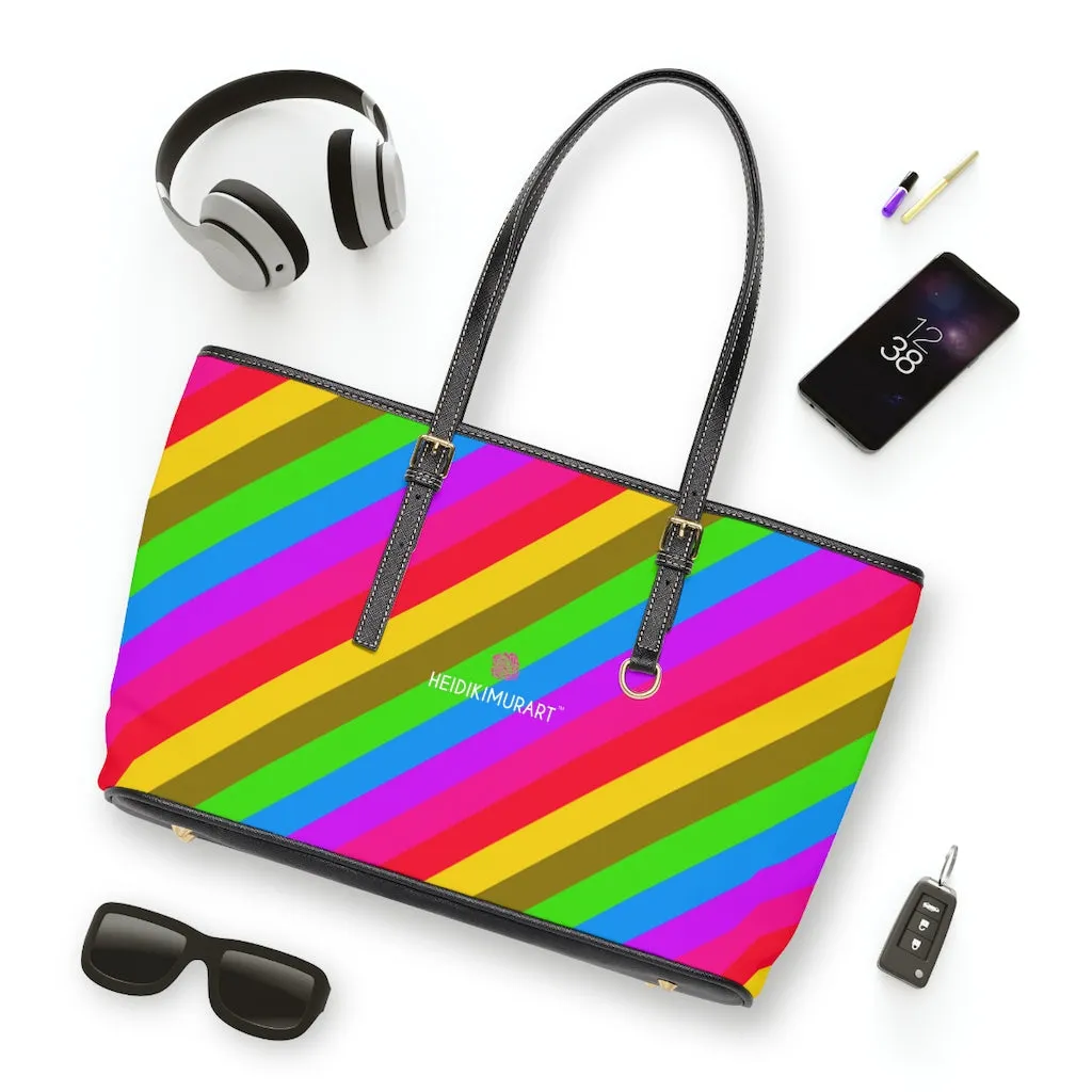 Colorful Rainbow Stripes Tote Bag, Striped PU Leather Shoulder Hand Work Bag 17"x11"/ 16"x10"