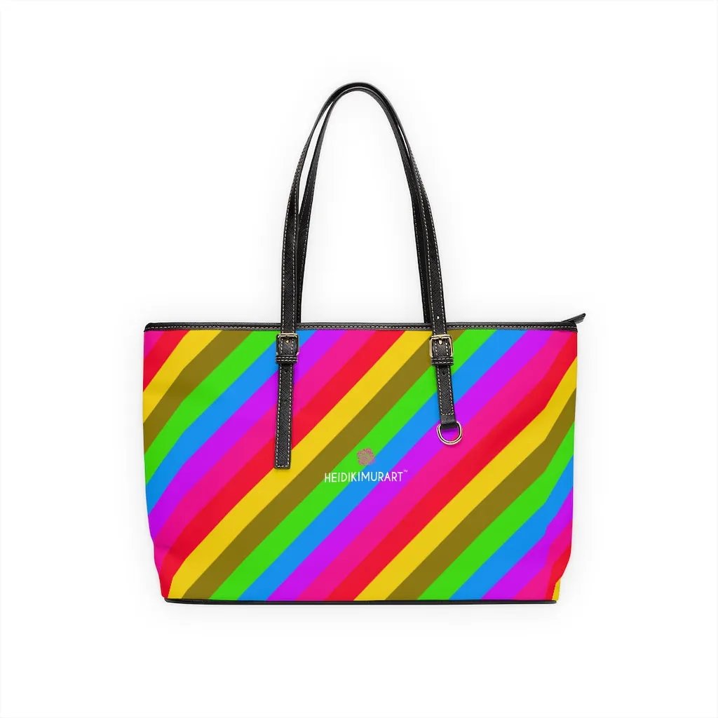 Colorful Rainbow Stripes Tote Bag, Striped PU Leather Shoulder Hand Work Bag 17"x11"/ 16"x10"