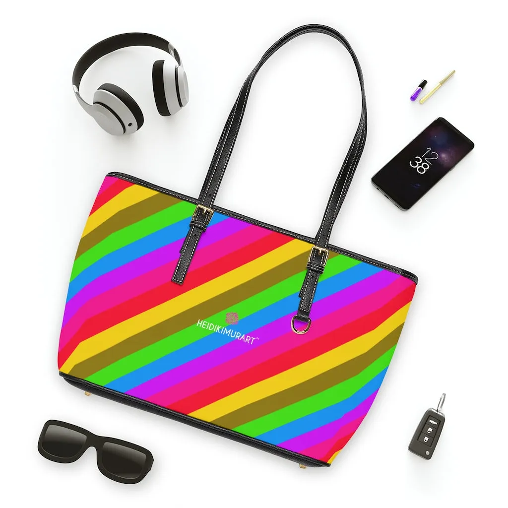 Colorful Rainbow Stripes Tote Bag, Striped PU Leather Shoulder Hand Work Bag 17"x11"/ 16"x10"