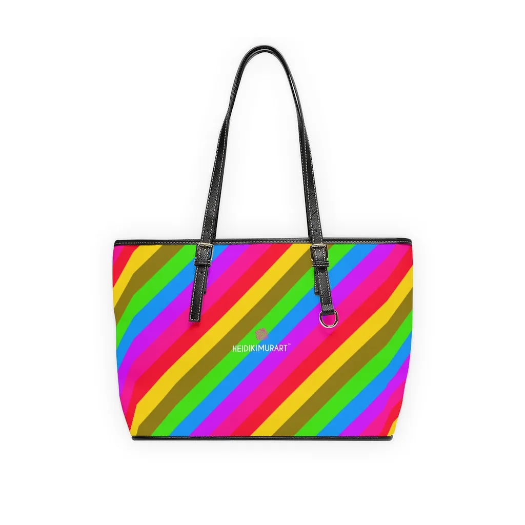 Colorful Rainbow Stripes Tote Bag, Striped PU Leather Shoulder Hand Work Bag 17"x11"/ 16"x10"