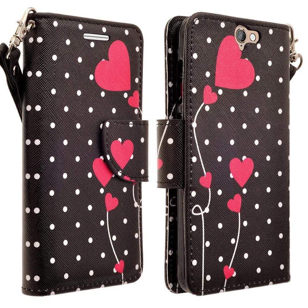 HTC One A9 Case, Wrist Strap Magnetic Fold[Kickstand] Pu Leather Wallet Case with ID & Credit Card Slots for HTC One A9 - Polka Dot Hearts