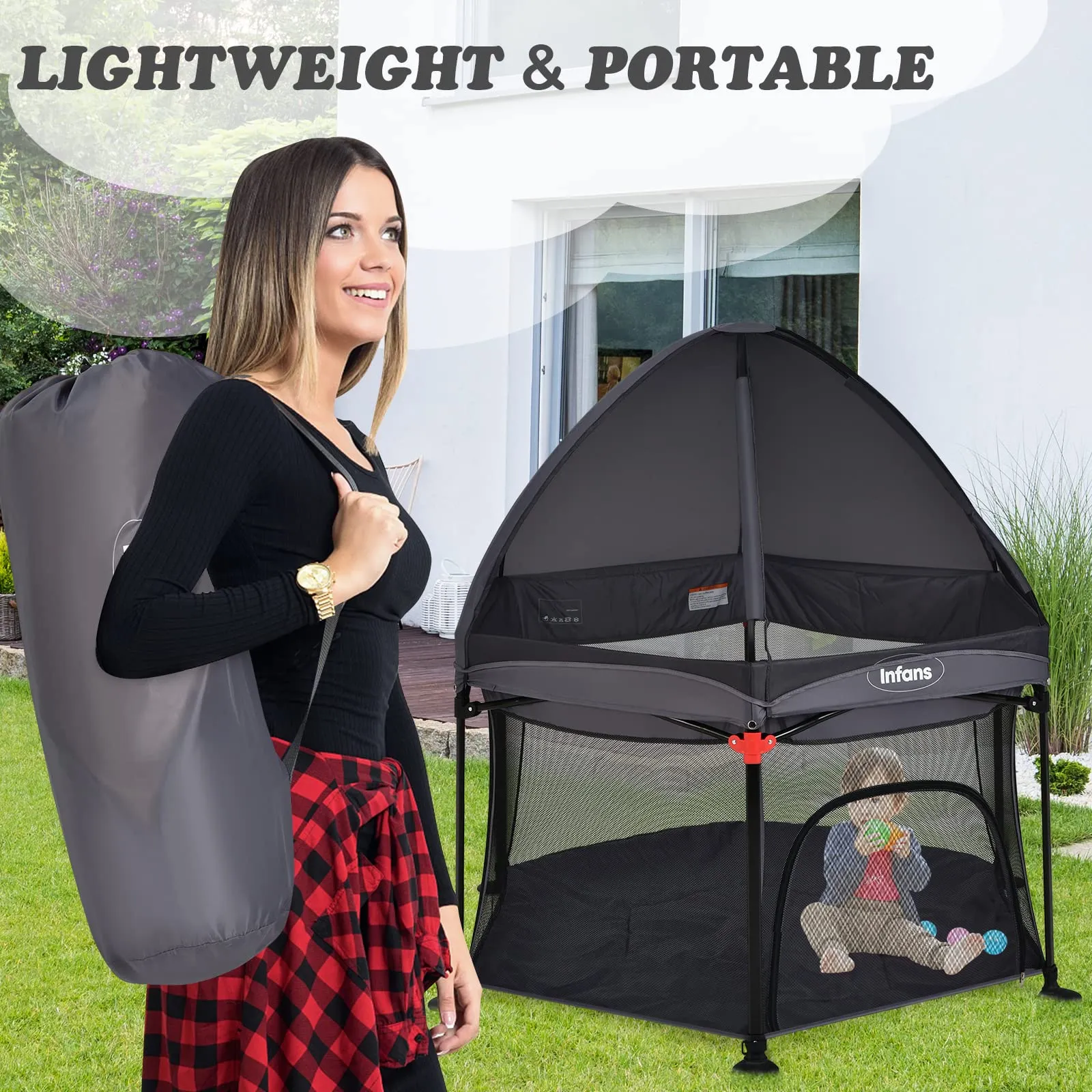 INFANS Baby Playpen with Removable Mesh & UV Canopy, 53" Portable Playhouse with Carry Bag, Easy Folding Playard Activity Center