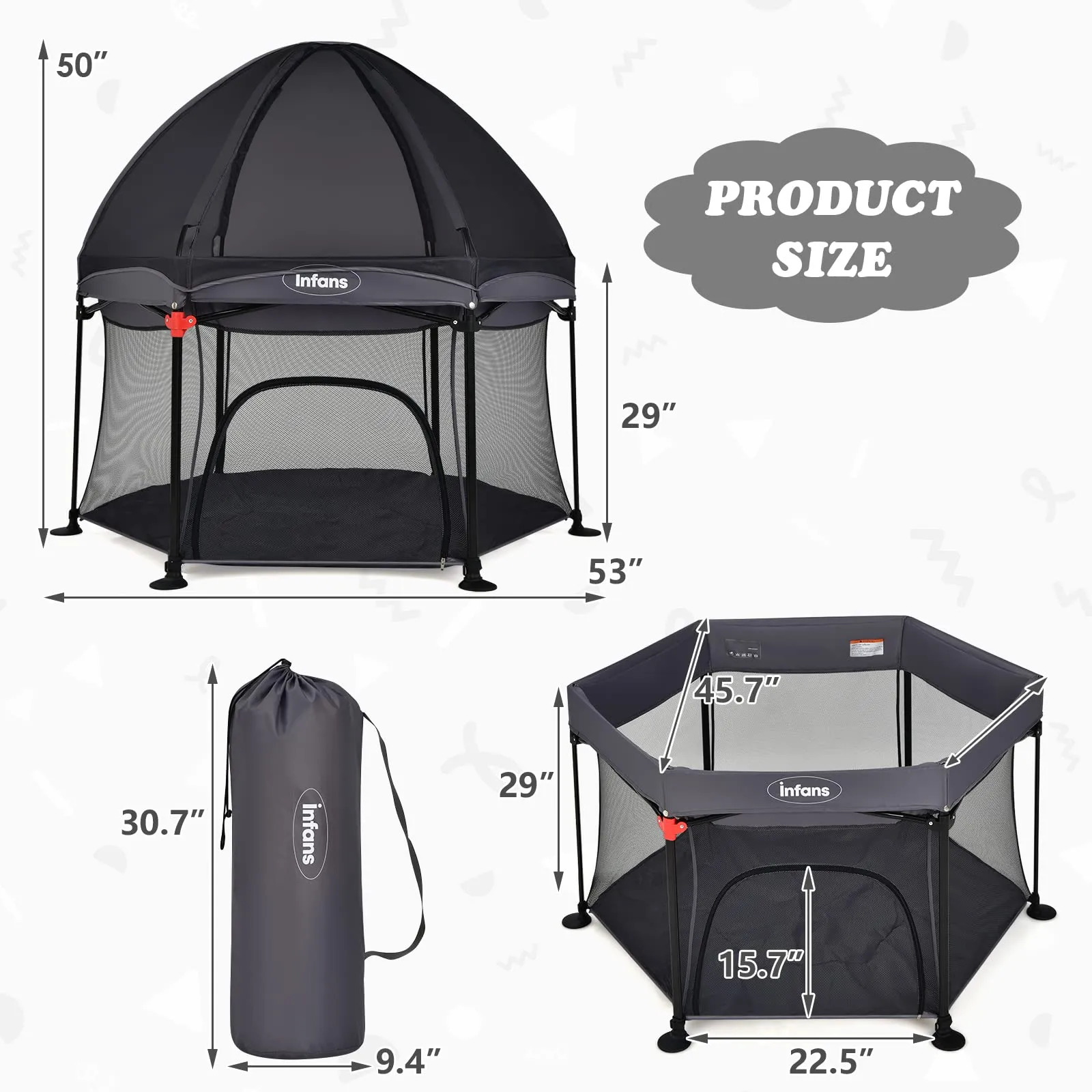 INFANS Baby Playpen with Removable Mesh & UV Canopy, 53" Portable Playhouse with Carry Bag, Easy Folding Playard Activity Center