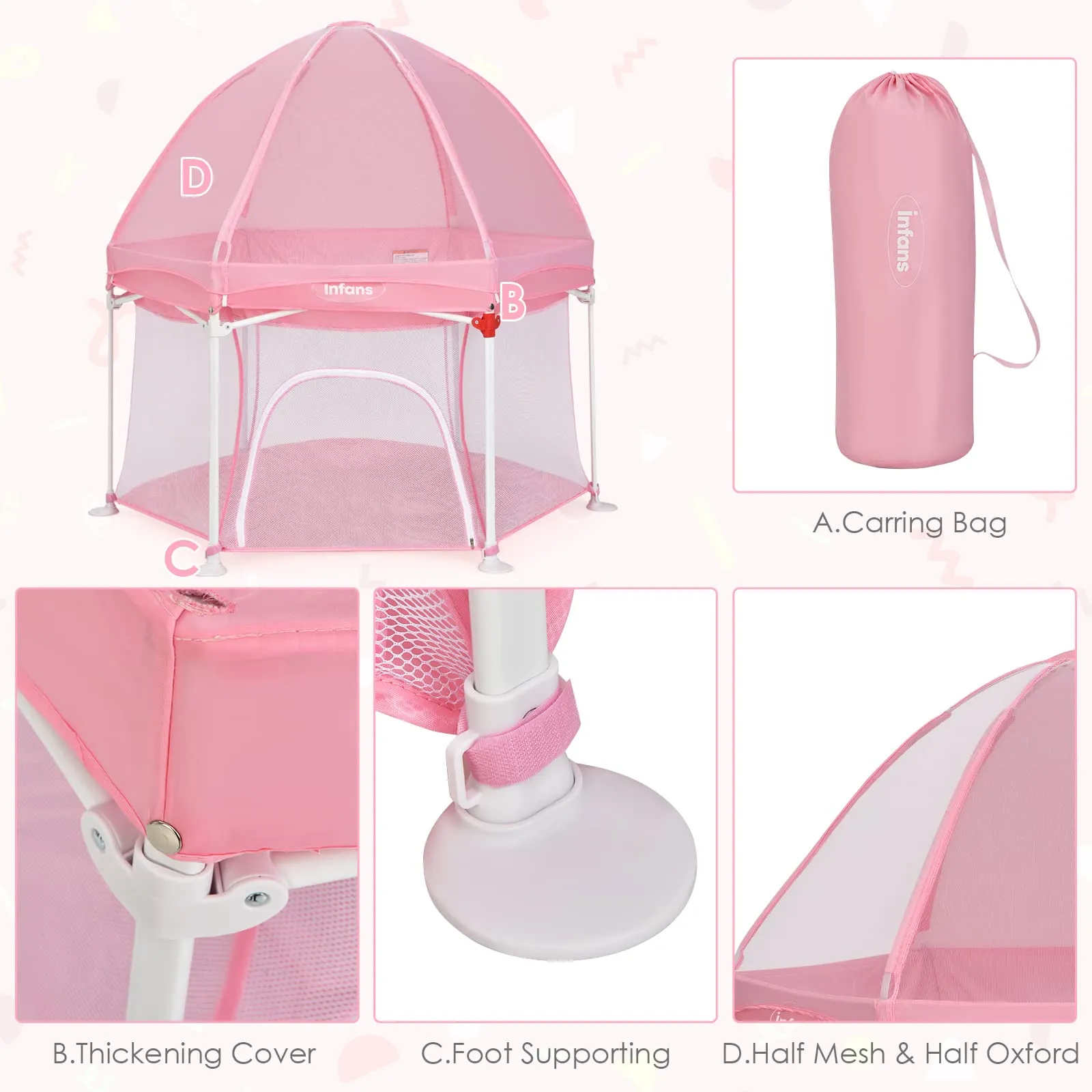 INFANS Baby Playpen with Removable Mesh & UV Canopy, 53" Portable Playhouse with Carry Bag, Easy Folding Playard Activity Center