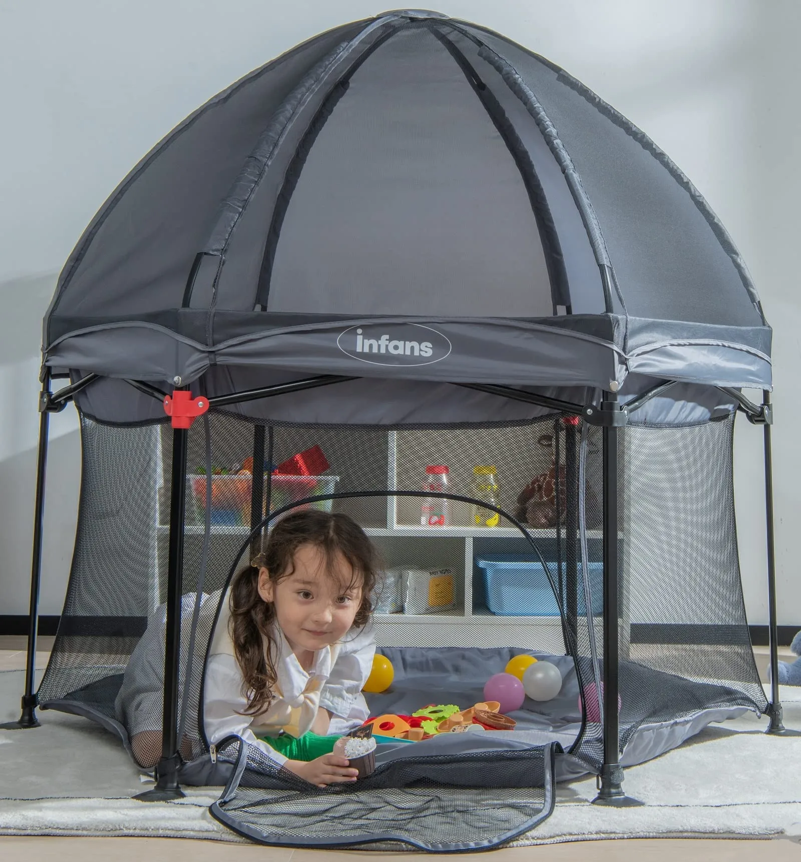 INFANS Baby Playpen with Removable Mesh & UV Canopy, 53" Portable Playhouse with Carry Bag, Easy Folding Playard Activity Center