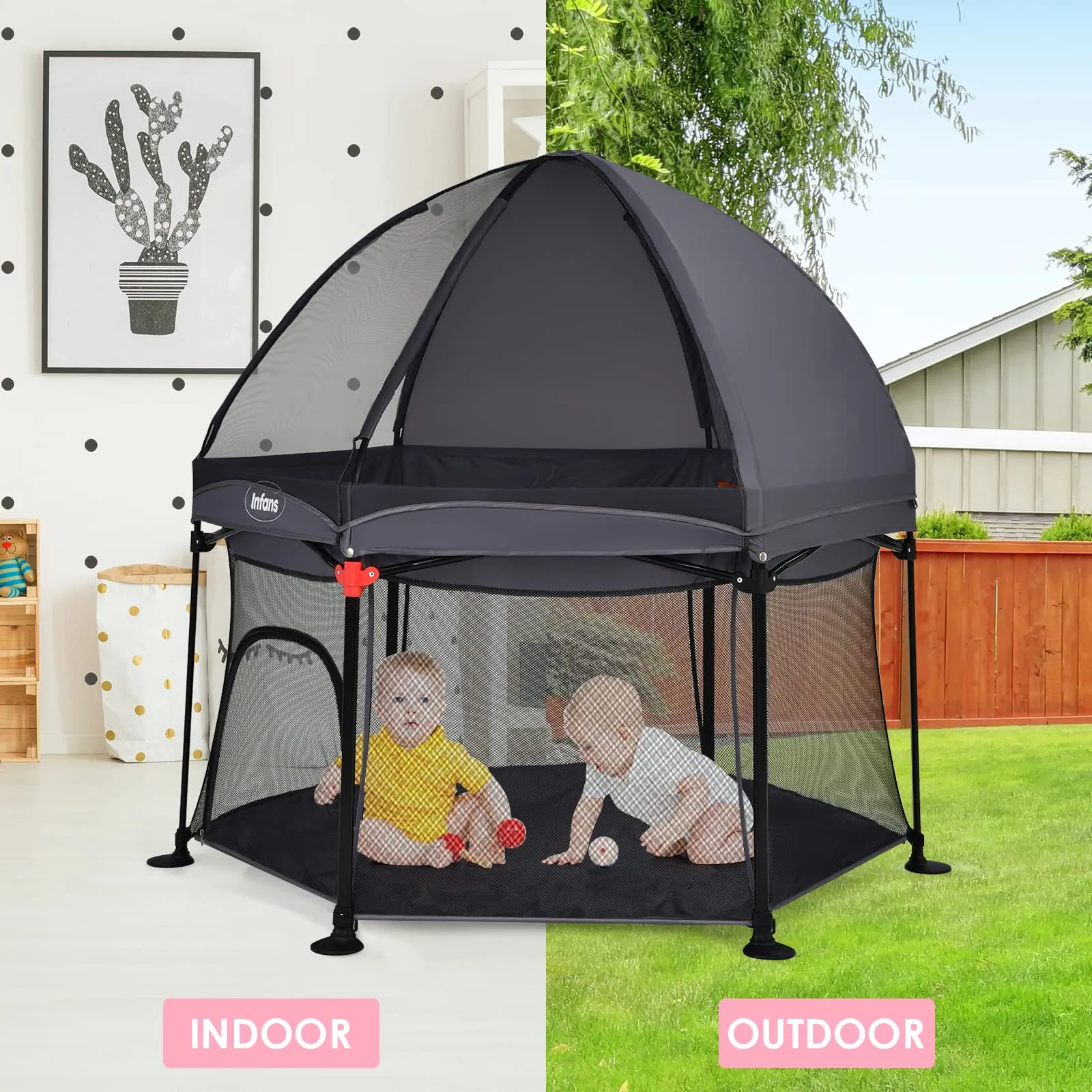 INFANS Baby Playpen with Removable Mesh & UV Canopy, 53" Portable Playhouse with Carry Bag, Easy Folding Playard Activity Center