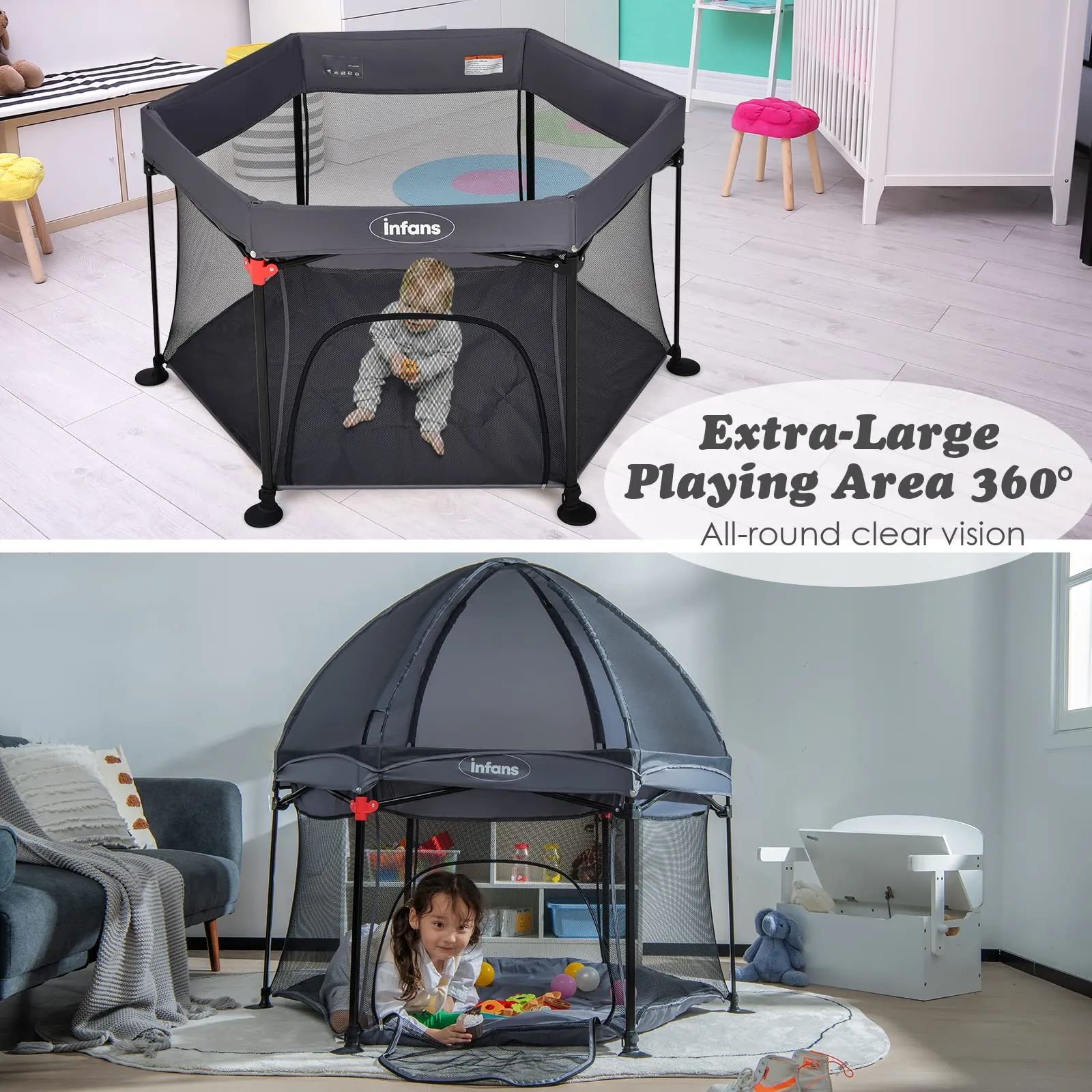 INFANS Baby Playpen with Removable Mesh & UV Canopy, 53" Portable Playhouse with Carry Bag, Easy Folding Playard Activity Center