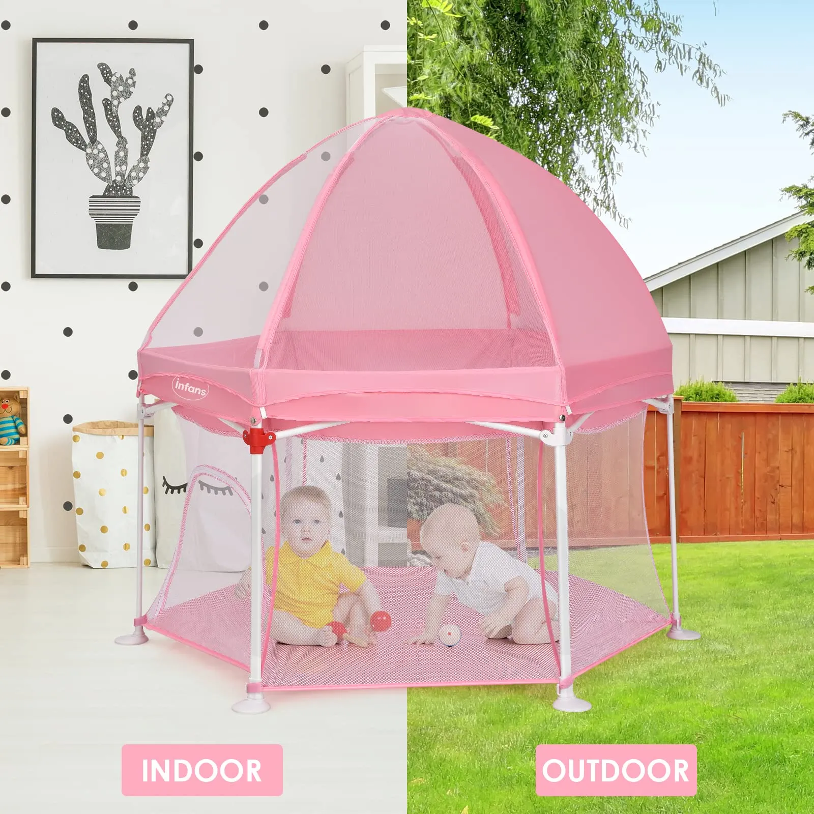 INFANS Baby Playpen with Removable Mesh & UV Canopy, 53" Portable Playhouse with Carry Bag, Easy Folding Playard Activity Center