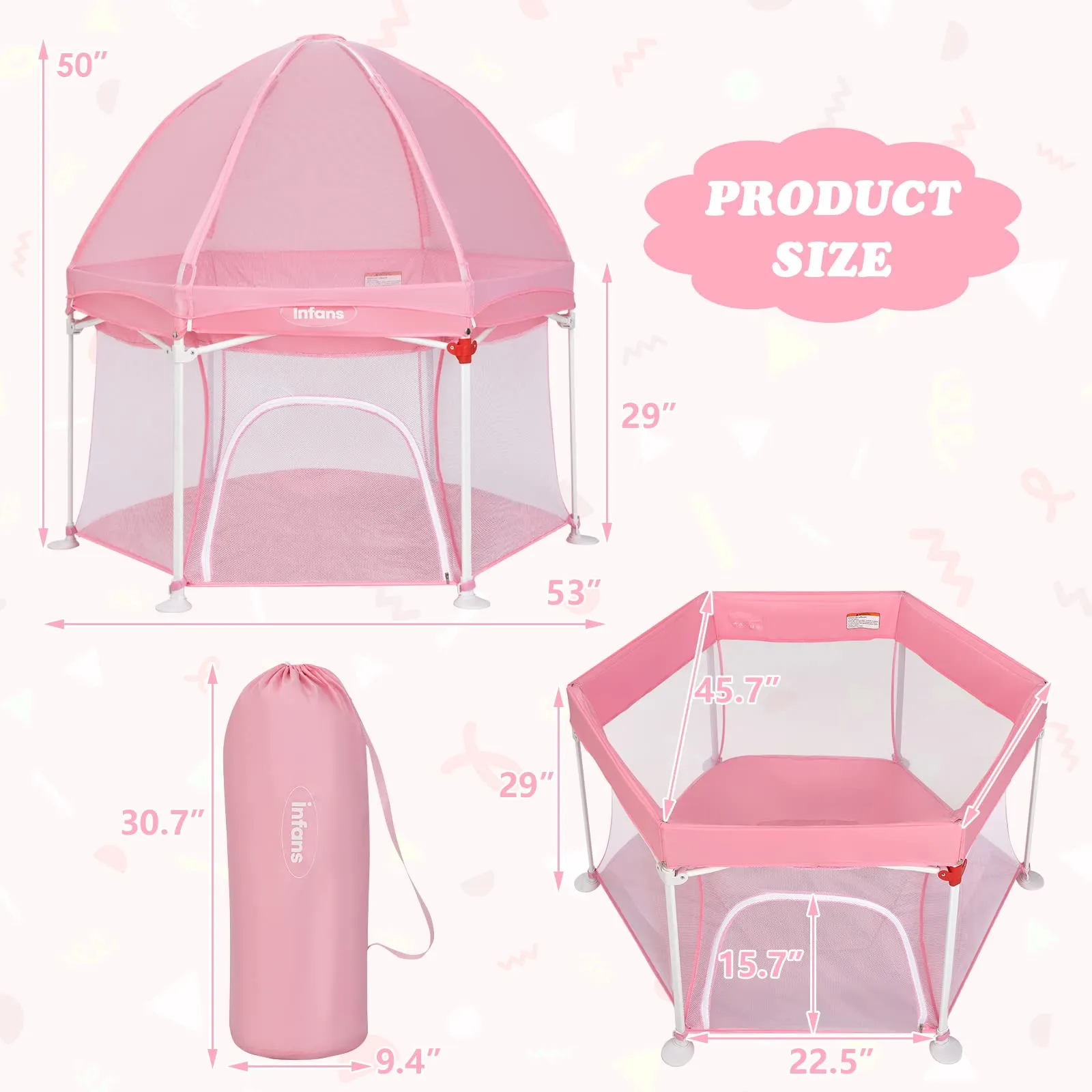 INFANS Baby Playpen with Removable Mesh & UV Canopy, 53" Portable Playhouse with Carry Bag, Easy Folding Playard Activity Center