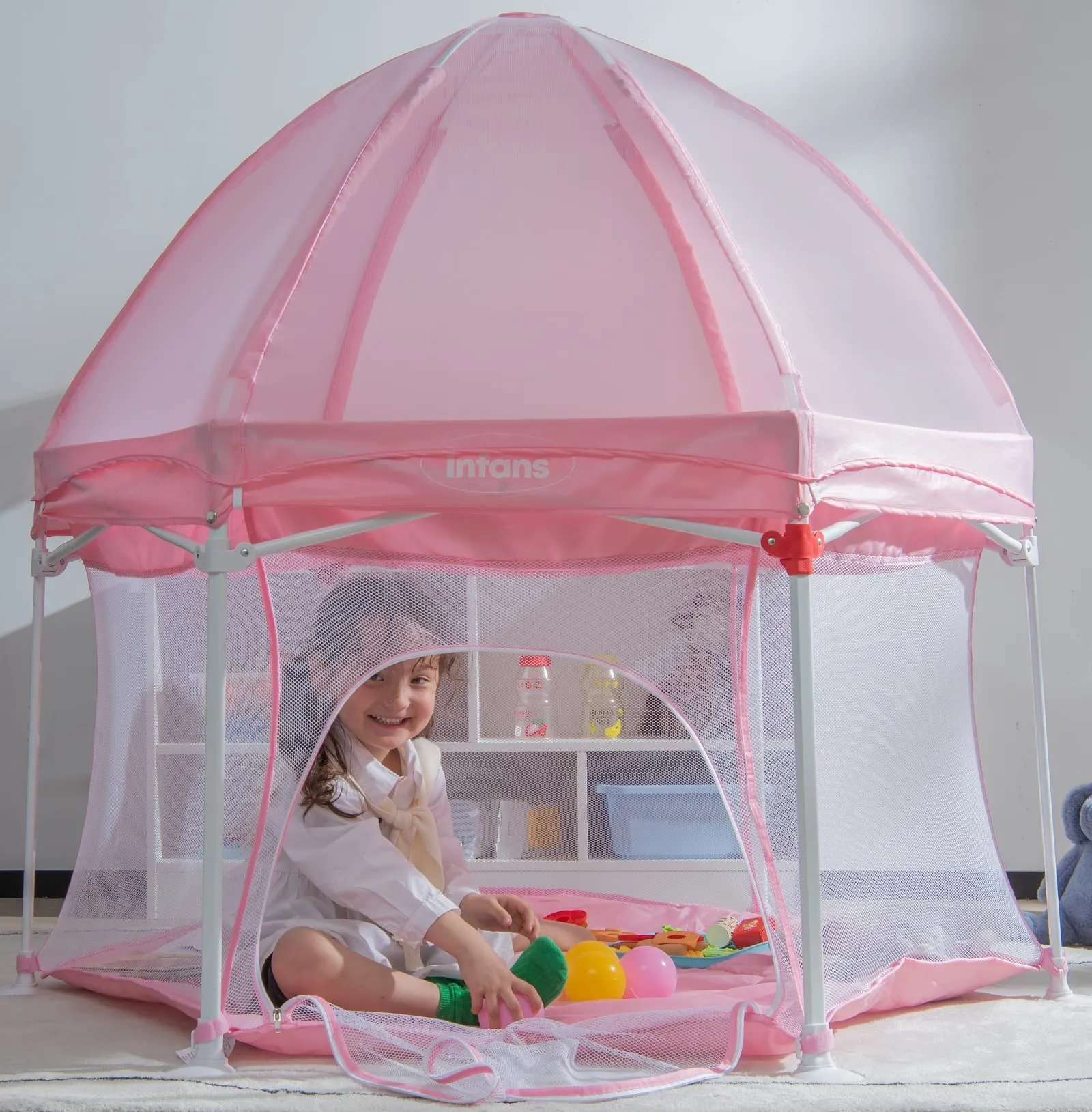 INFANS Baby Playpen with Removable Mesh & UV Canopy, 53" Portable Playhouse with Carry Bag, Easy Folding Playard Activity Center