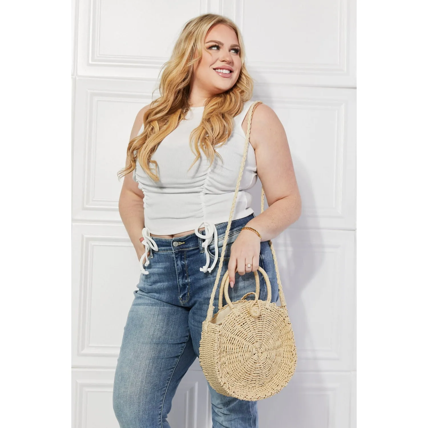Justin Taylor Feeling Cute Rounded Rattan Handbag in Ivory