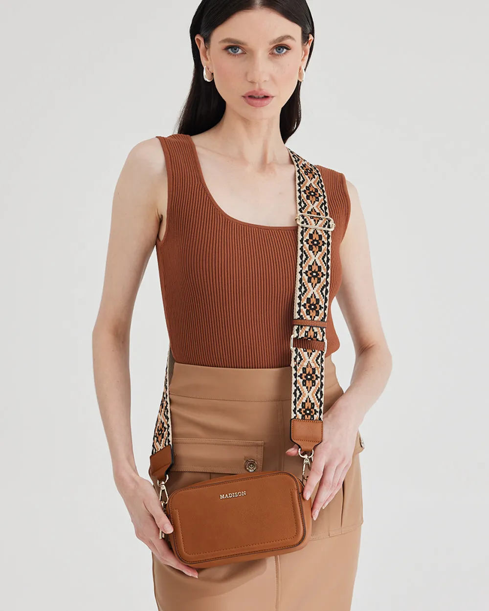 Maddie Double Zip Camera Crossbody Bag   Aztec Bag Strap