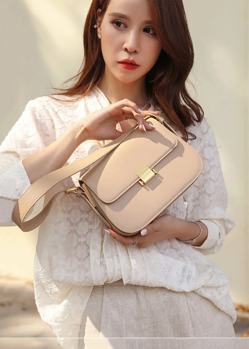 Metal Square Lock Genuine Leather Shoulder Bag