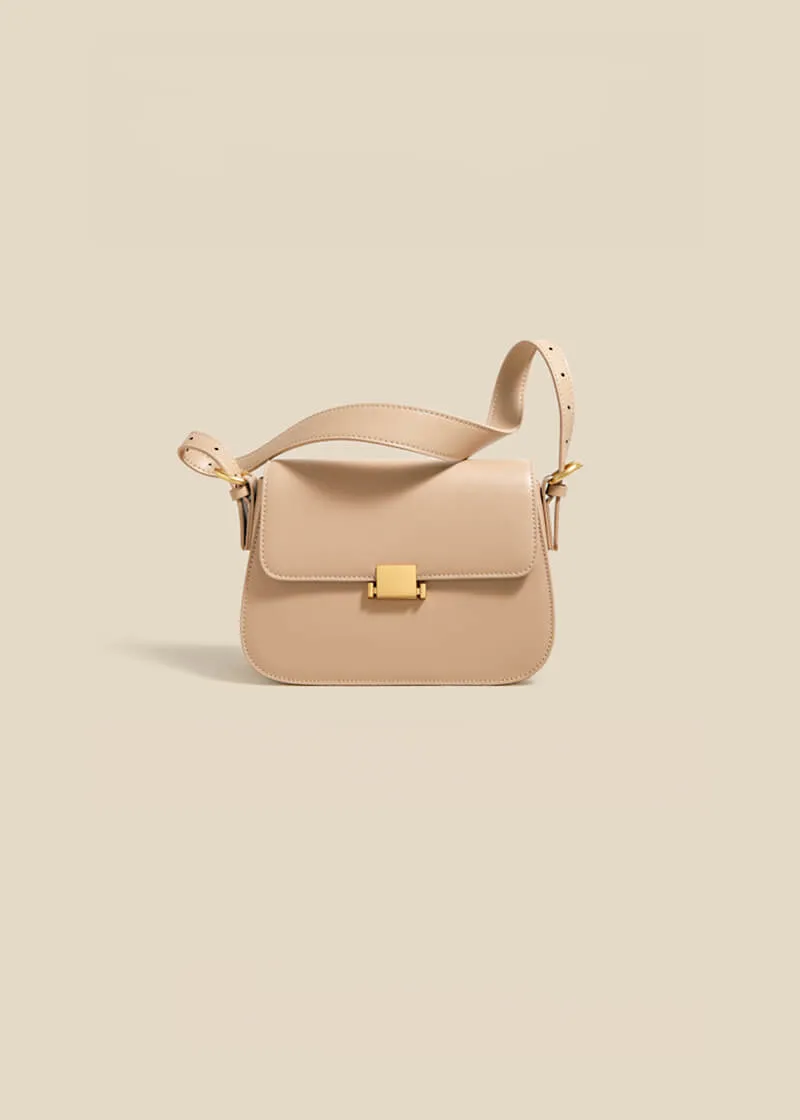 Metal Square Lock Genuine Leather Shoulder Bag