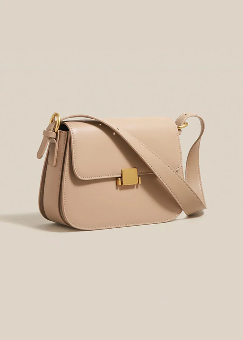 Metal Square Lock Genuine Leather Shoulder Bag
