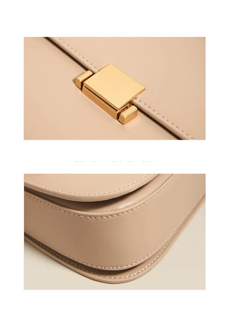 Metal Square Lock Genuine Leather Shoulder Bag