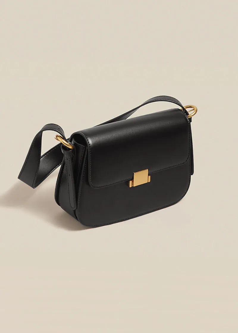 Metal Square Lock Genuine Leather Shoulder Bag