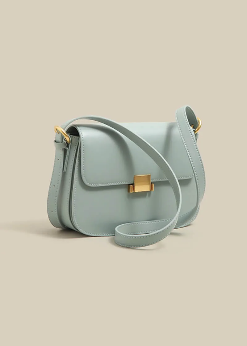 Metal Square Lock Genuine Leather Shoulder Bag