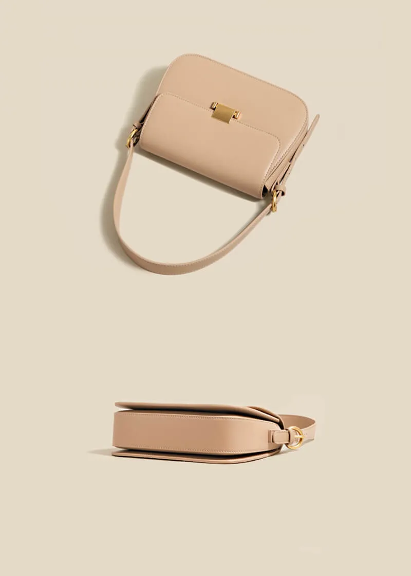 Metal Square Lock Genuine Leather Shoulder Bag