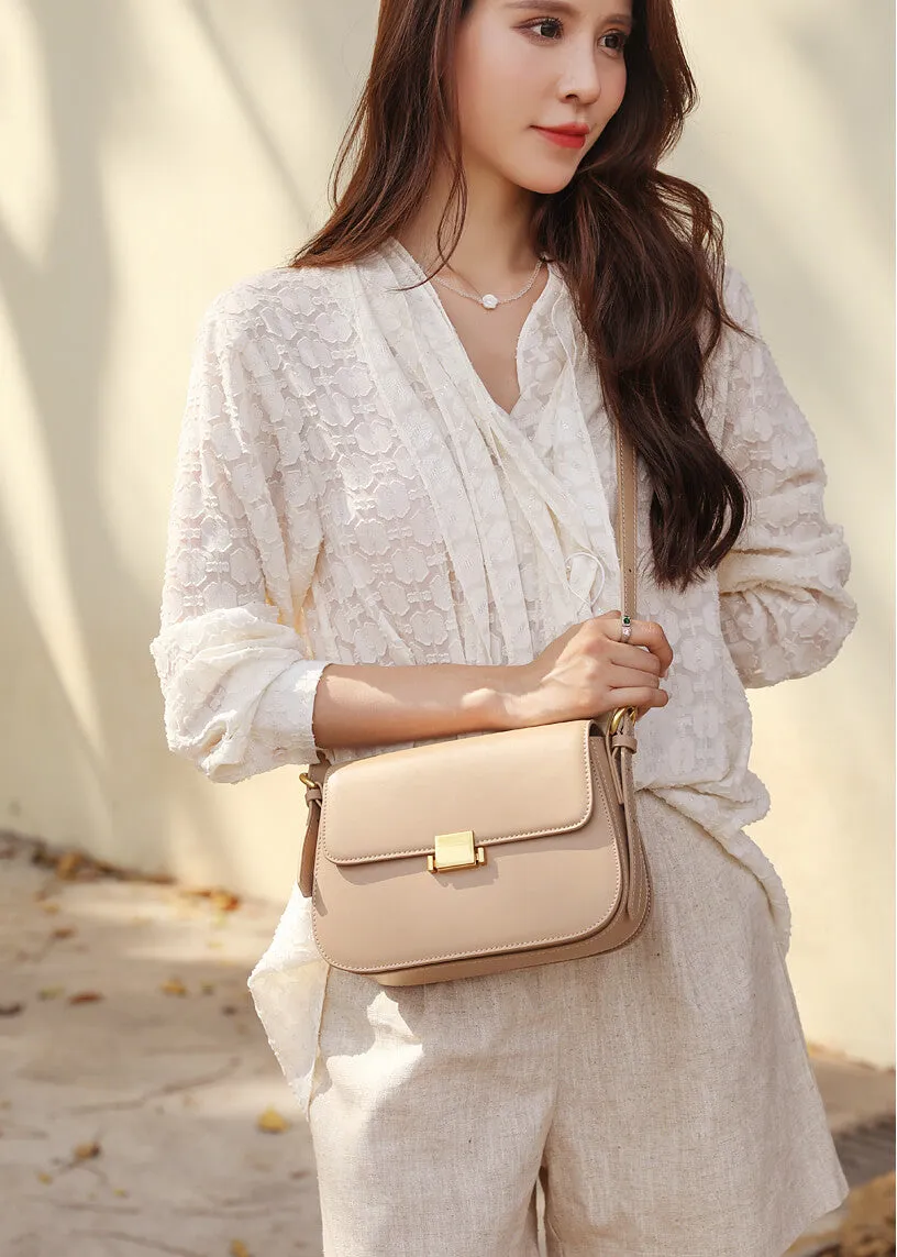 Metal Square Lock Genuine Leather Shoulder Bag