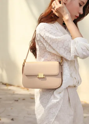 Metal Square Lock Genuine Leather Shoulder Bag