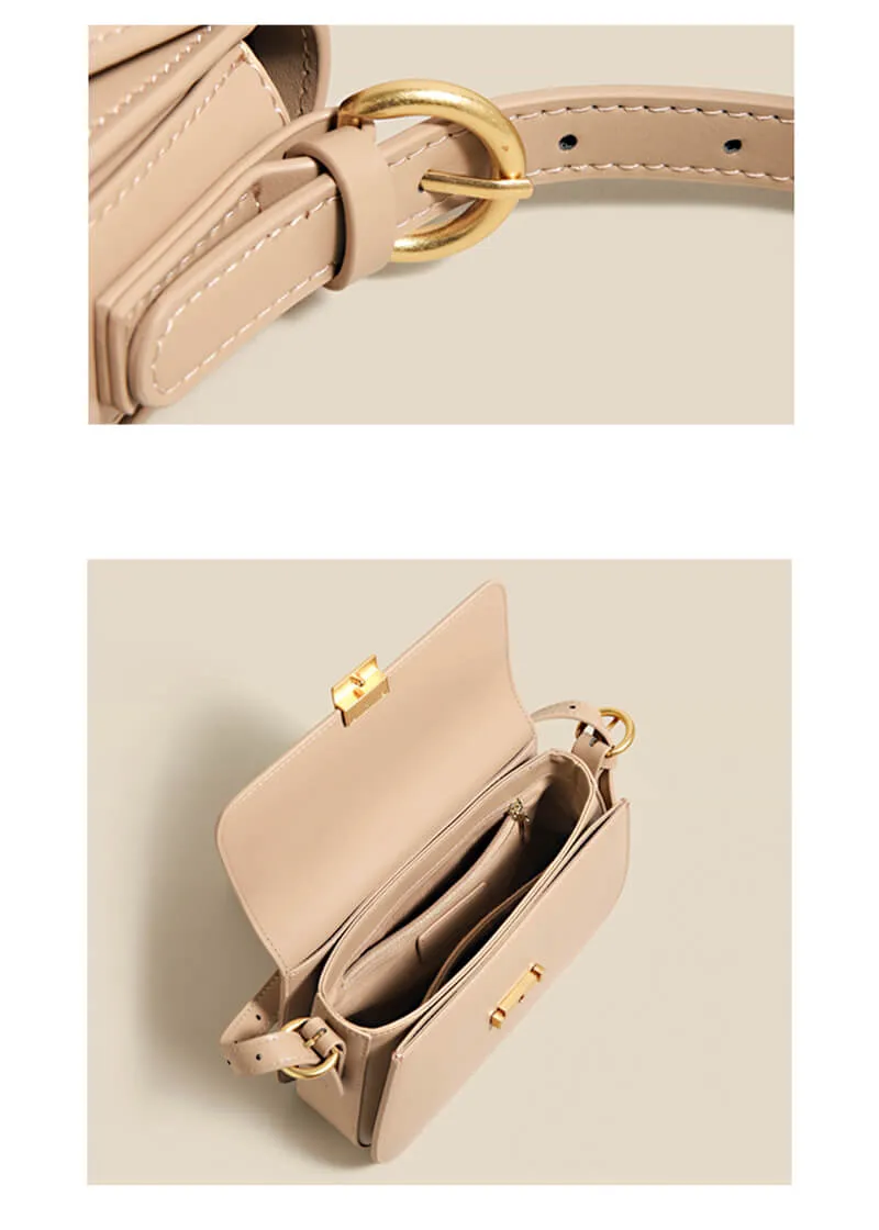 Metal Square Lock Genuine Leather Shoulder Bag