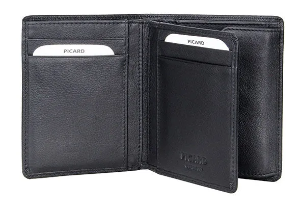 Picard Saffiano Men's Vertical Leather Wallet with Centre Flap and Coin Pouch (Black)