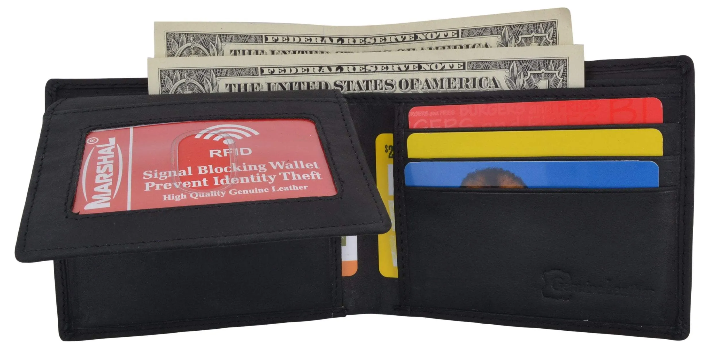 RFID Blocking Mens Genuine Leather Bifold 5 de Mayo Sombrero Logo Wallet